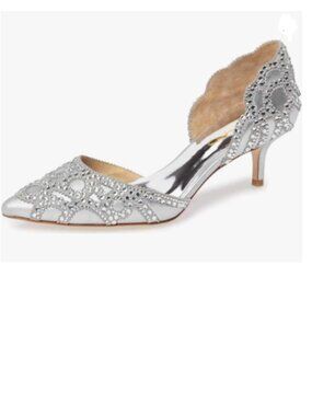 XYD Silver Pointed Toe D'Orsay Kitten Heel Rhinestone Studs Slip-On Pump
